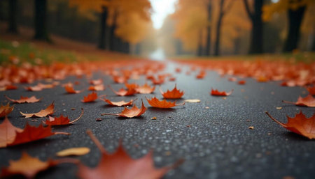 Autumn leaves scattered on road with trees in backgroundの写真素材