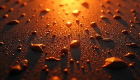 Abstract Surface Texture with Warm Lighting and Water Dropletsの写真素材
