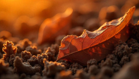 Golden autumn leaf resting on the ground surfaceの写真素材