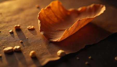 Autumnal textures: Leaf and seeds in warm lightの写真素材