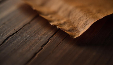 Textured paper detail on a dark brown wooden surfaceの写真素材