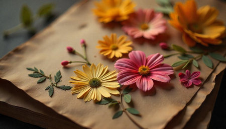 Vintage book adorned with vibrant daisy flowers and foliageの写真素材