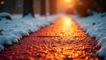 Snowy pathway at sunset provides depth and warmthの写真素材