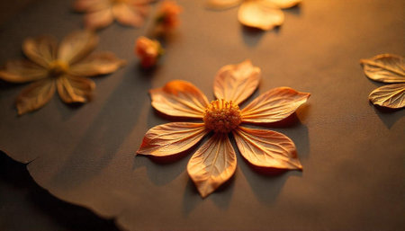 Warm golden flower arrangement against textured brown backgroundの写真素材