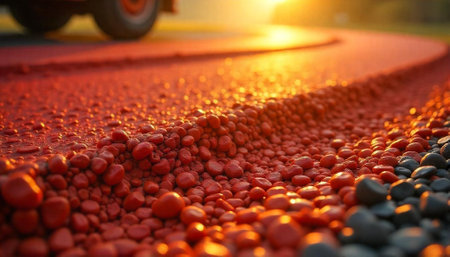 Abstract car on a red road at sunsetの写真素材