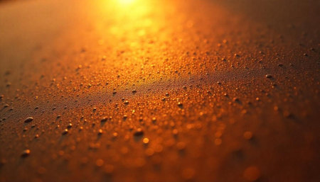 Golden light illuminating water droplets on a textured surfaceの写真素材