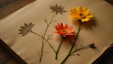 Daisy flowers on antique paper with botanical shadow drawingの写真素材