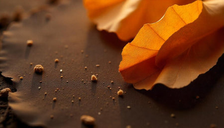 Autumn leaves and seed debris on surface macro shotの写真素材