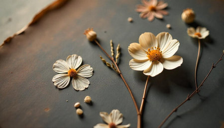 Elegant floral arrangement featuring cream cosmos flowers and seedsの写真素材