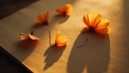 Delicate orange cosmos petals on a textured surface illuminatedの写真素材