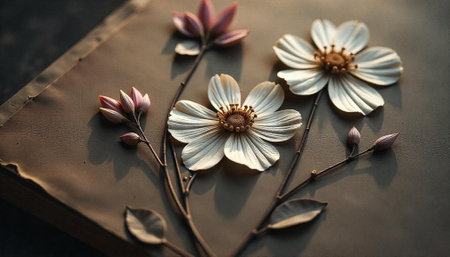 Floral Arrangement on Old Book Cover Still Lifeの写真素材