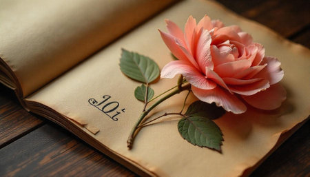 Open antique book with peach rose, vintage aestheticの写真素材