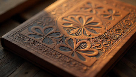 Intricate leather bound book with floral embossed cover designの写真素材