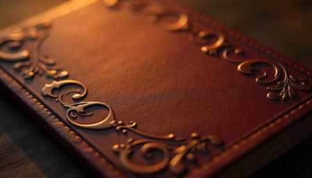 Vintage book cover detail with ornamental golden decorationsの写真素材