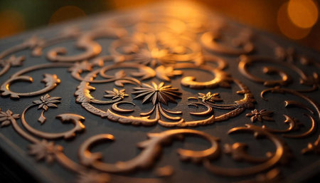 Intricate golden floral embossed pattern on dark background surfaceの写真素材