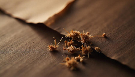 Dried flower seeds on wood with soft light effectの写真素材