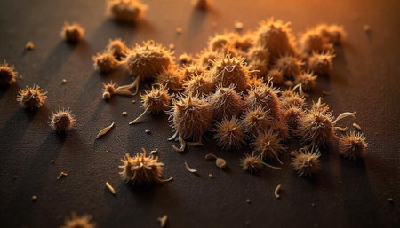 Abstract spiky textured objects on a dark brown surfaceの写真素材