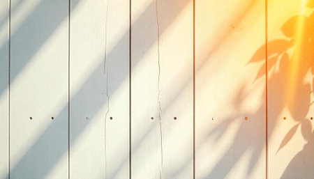 White wooden fence with sunlight and leaf shadowsの写真素材