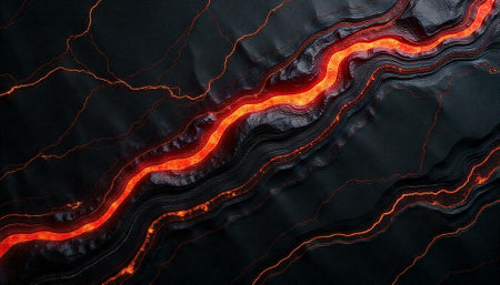 Abstract dark rock formation with glowing lava flowの写真素材