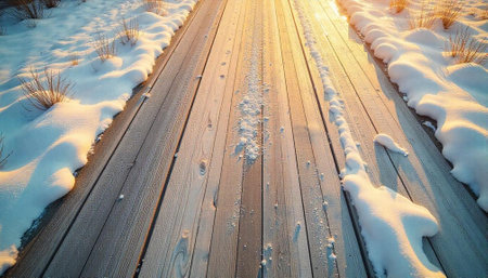 Wooden boardwalk path covered in snow under sunlightの写真素材