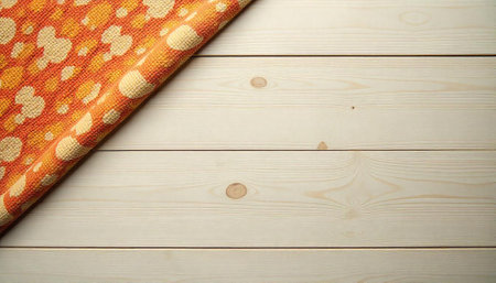 Orange patterned fabric lying diagonally on bright wooden surfaceの写真素材