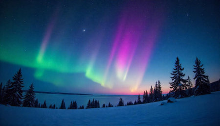 Spectacular Aurora Borealis over snowy landscape and pine treesの写真素材