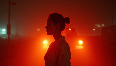 Woman silhouette in foggy red light on urban streetの写真素材