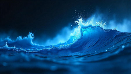 Powerful blue ocean wave crashing against a dark backgroundの写真素材