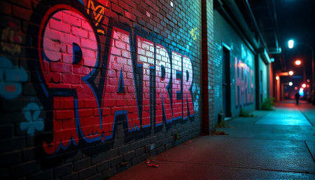 Urban alleyway with vibrant graffiti on a brick wallの写真素材