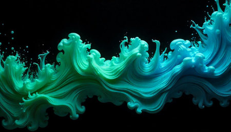 Abstract turquoise fluid wave with splashes on black backgroundの写真素材
