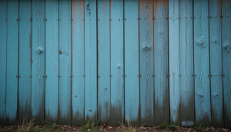 Weathered turquoise wooden fence background with grassy bottom edgeの写真素材