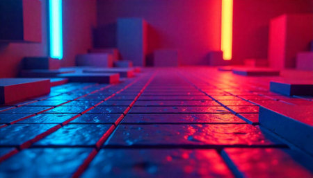 Abstract geometric floor illuminated by neon lights in an empty spaceの写真素材