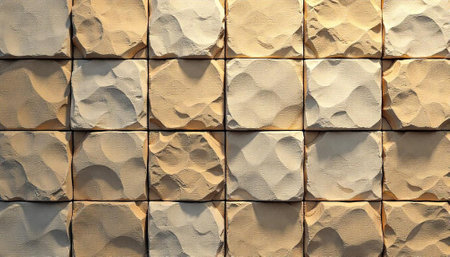 Textured stone tile wall in shades of beige and gray