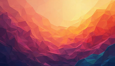 Geometric polygon landscape featuring vibrant sunset colors and gradientの写真素材