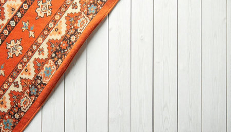 Orange patterned rug on rustic whitewashed wooden plank backgroundの写真素材