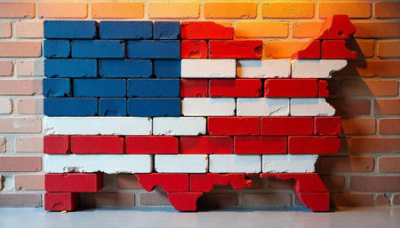 American flag formed by colored bricks against textured wallの写真素材