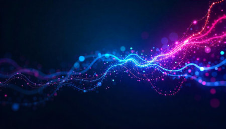 Abstract glowing wavy lines with bokeh effects on dark backgroundの写真素材