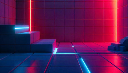 Neon illuminated geometric space background with vibrant colors and textureの写真素材