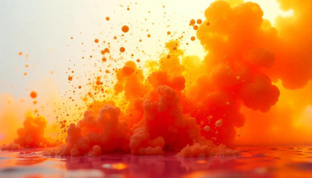 Vibrant orange pigments forming abstract cloud-like shapes in liquidの写真素材