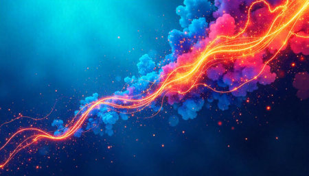 Energetic stream with vibrant clouds on blue gradient backgroundの写真素材