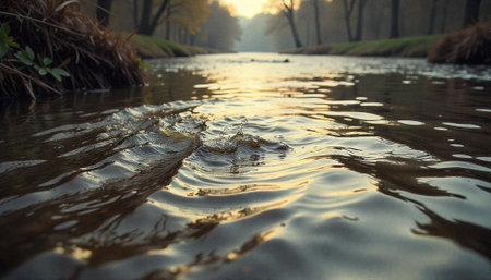 River flowing in tranquil forest setting on autumn morningの写真素材