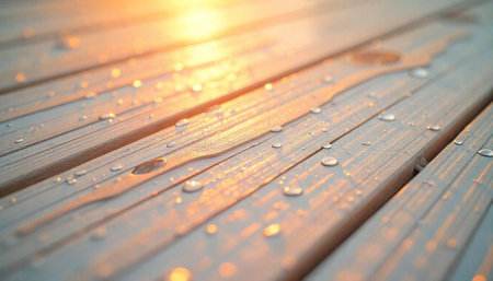 Wet wooden deck surface bathed in golden sunlight warmth