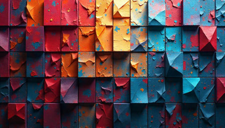 Abstract arrangement of patterned colorful cubes with textured surfaceの写真素材