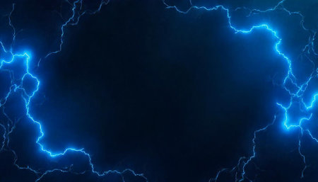 Abstract blue lightning frame on a dark blue backgroundの写真素材
