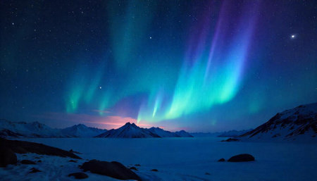 Magnificent aurora borealis over snow covered landscape at nightの写真素材