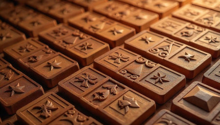 Arrangement of carved wooden rectangular pieces with unique designsの写真素材