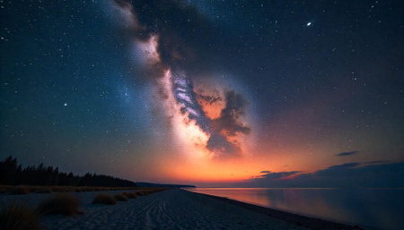 Dramatic Milky Way arching over tranquil beach at twilight