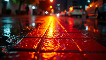 Wet city street at night reflects vibrant artificial lightの写真素材