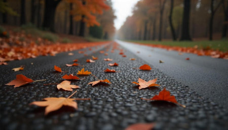 Autumn leaves cover road creating seasonal scenic view