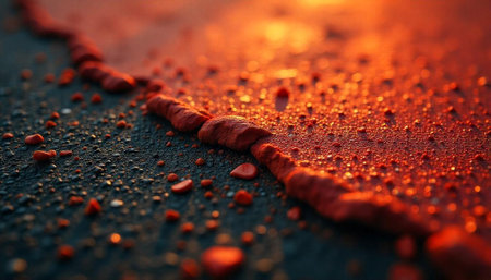 Red rock line with orange scattered pieces on asphaltの写真素材